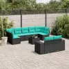  10 db fekete polyrattan kerti kanapégarnitúra párnákkal