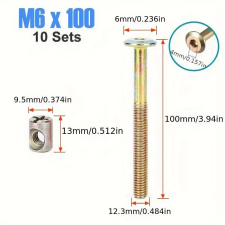 10 db M6 6mm-es bútorcsavar és anyacsavar készlet bútor