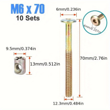 10 db M6 6mm-es bútorcsavar és anyacsavar készlet bútor