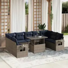  10 db szürke polyrattan kerti kanapégarnitúra párnákkal kerti bútor