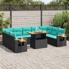  10 részes fekete polyrattan akácfa kerti ülőgarnitúra párnákkal kerti bútor