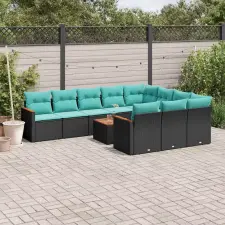  11 db fekete polyrattan kerti kanapégarnitúra párnákkal kerti bútor