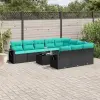  11 db fekete polyrattan kerti kanapégarnitúra párnákkal