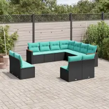  11 db fekete polyrattan kerti kanapégarnitúra párnákkal kerti bútor