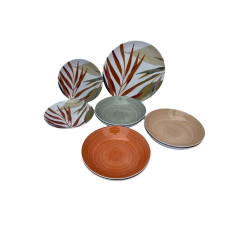  18 részes Emotion porcelán étkészlet (színes levélmintával) tányér és evőeszköz