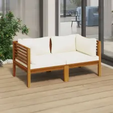  2 személyes tömör akácfa kerti kanapé krémszínű párnával kerti bútor