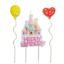 3 darabos gyertya szett – Happy Birthday kastély és lufik – Rózsaszín party kellék