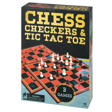 3 JÁTÉKBÓL ÁLLÓ KÉSZLET EGY DOBOZBAN, DÁMA, SAKK ÉS TIC TAC TOE társasjáték