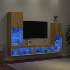  4 darab füstös tölgy színű szerelt fa TV-bútor LED-del bútor