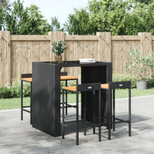  4 db fekete polyrattan és tömör akácfa bárszék bútor