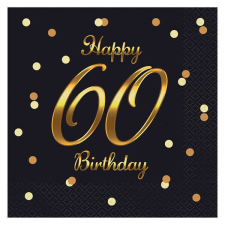 60. Happy Birthday szalvéta - 20 darabos - fekete/arany papírárú, csomagoló és tárolóeszköz