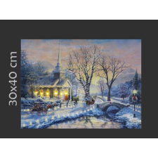  6+50 LEDes világító falikép havas táj + templom 40x30cm grafika, keretezett kép