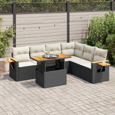  6 részes fekete polyrattan akácfa kerti ülőgarnitúra párnákkal kerti bútor
