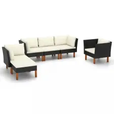  6 részes fekete polyrattan és eukaliptuszfa kerti ülőgarnitúra kerti bútor