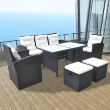  6-részes fekete polyrattan kültéri étkezőszett párnákkal kerti bútor