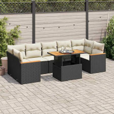  7 részes fekete polyrattan akácfa kerti ülőgarnitúra párnával kerti bútor