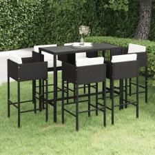  7 részes fekete polyrattan kerti bárszett párnákkal kerti bútor