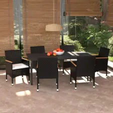  7 részes fekete polyrattan kerti étkezőgarnitúra párnákkal kerti bútor