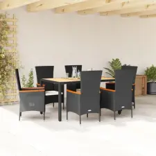  7 részes fekete polyrattan kerti étkezőgarnitúra párnával kerti bútor
