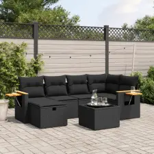  7 részes fekete polyrattan kerti ülőgarnitúra párnával kerti bútor