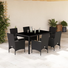  7 részes fekete polyrattan/üveg kerti étkezőgarnitúra párnával kerti bútor