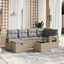  7 részes vegyes bézs polyrattan kerti ülőgarnitúra párnákkal kerti bútor