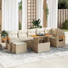  8 részes bézs polyrattan akácfa kerti ülőgarnitúra párnával kerti bútor