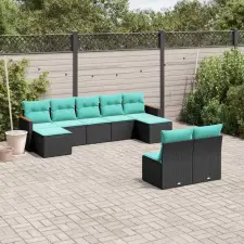  9 db fekete polyrattan kerti kanapégarnitúra párnákkal kerti bútor