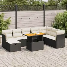  9 részes fekete polyrattan akácfa kerti ülőgarnitúra párnákkal kerti bútor