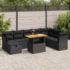 9 részes fekete polyrattan akácfa kerti ülőgarnitúra párnákkal kerti bútor