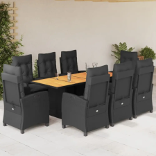  9 részes fekete polyrattan kerti étkezőgarnitúra párnákkal kerti bútor