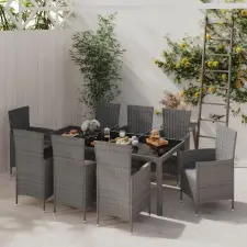  9-részes szürke kültéri polyrattan étkezőszett párnákkal kerti bútor