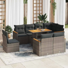  9 részes szürke polyrattan akácfa kerti ülőgarnitúra párnákkal kerti bútor