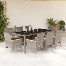  9 részes szürke polyrattan/üveg kerti étkezőgarnitúra párnával kerti bútor