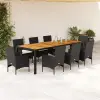  9részes fekete polyrattan/akácfa kerti étkezőgarnitúra párnákkal