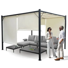  Acél pergola 3×3 m rolós beige oldalfalakkal, vízálló, behúzható tető lakástextília