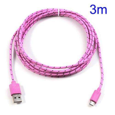  Adatátviteli kábel / USB töltő - microUSB 2.0, 3m hosszú, 2A, 10W - RÓZSASZÍN kábel és adapter