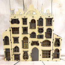  Adventi ház, nyitható ajtajú-ablakú kastély, HDF. Mérete: 39,5x38x6 cm dekorációs kellék