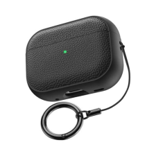 AirPods tok bőrhatású textúrával, kulcstartóval - Fekete, AirPods 1/2 fülhallgató, fejhallgató tok