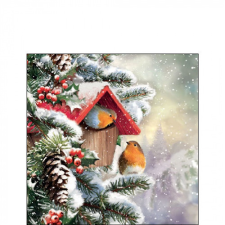  AMB.32519100 House with robins papírszalvéta 25x25cm, 20db-os papírárú, csomagoló és tárolóeszköz