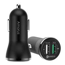 AMORUS autós töltő 2 USB aljzat (5V / 3900mA, PD gyorstöltés támogatás) FEKETE (CC-37) mobiltelefon kellék