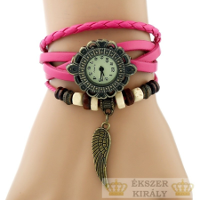 Angyalszárnyas bőr női karkötő-óra, pink karkötő
