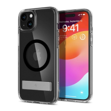 Apple iPhone 15, Műanyag hátlap védőtok + szilikon keret, kitámasztóval, Magsafe töltővel kompatibilis, Spigen Ultra Hybrid "S" Mag, átlátszó/fekete tok és táska