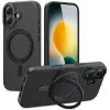  Apple iPhone 17, Műanyag hátlap védőtok + szilikon keret, kitámasztóval, ujjtámasz, Magsafe töltővel kompatibilis, Magring Magsafe, áttetsző/fekete