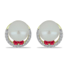  Arannyal Bevont Ezüst Fülbevaló Fehér Édesvízi Tenyésztett Gyönggyel és Madagaszkári Rubinnal, Y59236