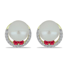  Arannyal Bevont Ezüst Fülbevaló Fehér Édesvízi Tenyésztett Gyönggyel és Madagaszkári Rubinnal, Y59236 fülbevaló