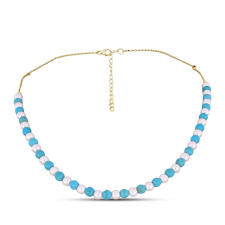  Arannyal Bevont Ezüst Nyaklánc Csipkerózsika Türkizzel és Fehér Édesvízi Kagylógyönggyel, Y62308 nyaklánc