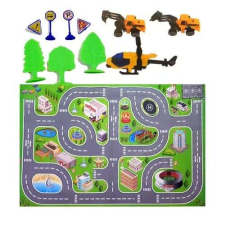  Autós játékszőnyeg munkagépekkel, helikopterrel, fákkal, kordonokkal és terelőbójákkal játszószőnyeg