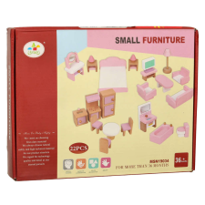  Babaház bútorok nappali hálószoba fürdőszoba konyha fa rózsaszín játékbaba felszerelés