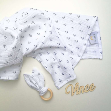 Babatakaró textil pelenka hófehér horgonyos nyuszis rágókával pamut nagy méret babaágynemű, babapléd